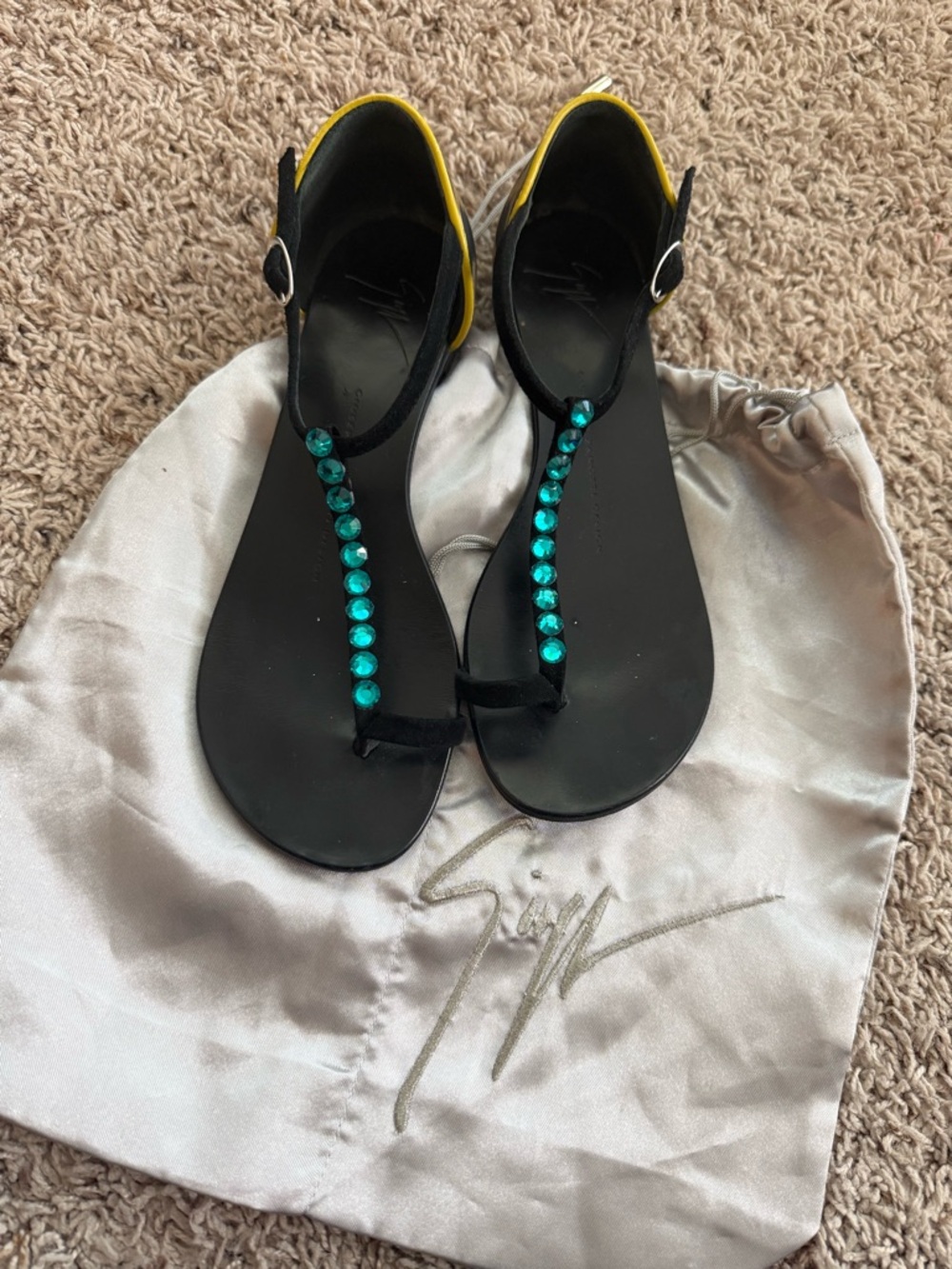 Giuseppe Zanotti Black Sandals with Teal Gem Accents